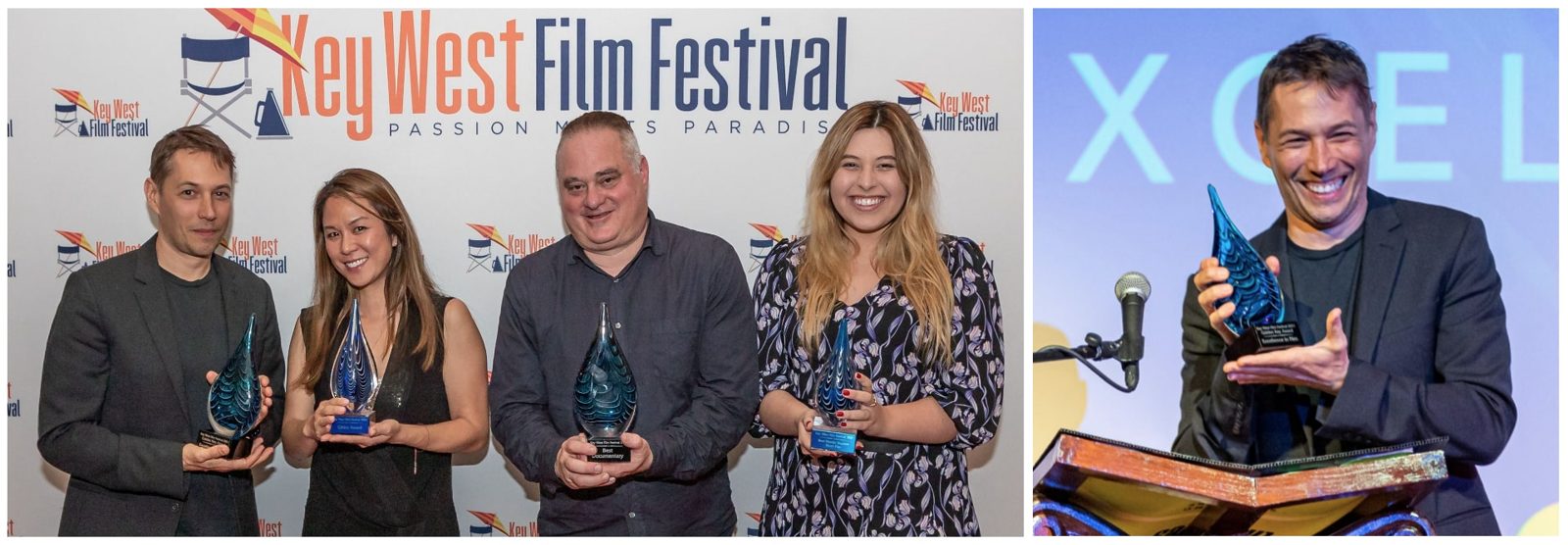 Key West Film Festival award winners holding their trophies on stage