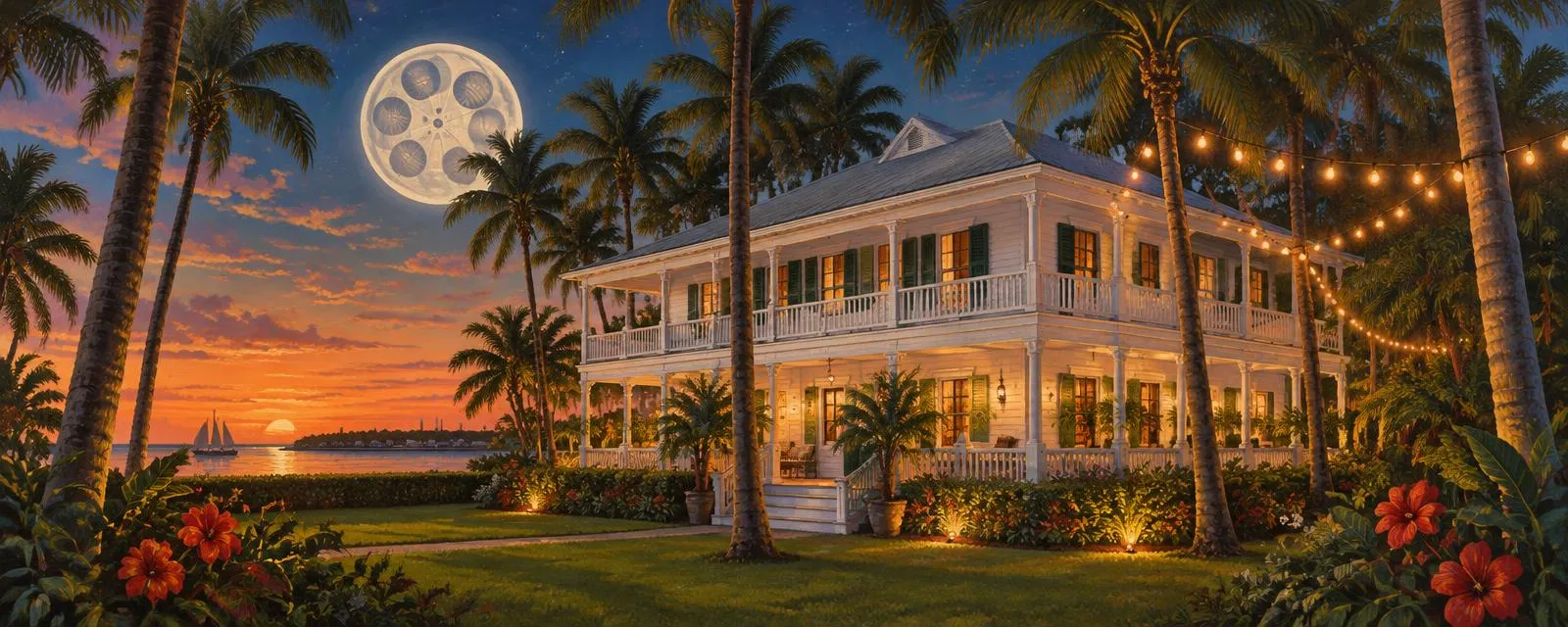 The Truman Little White House at dusk under palms and string lights