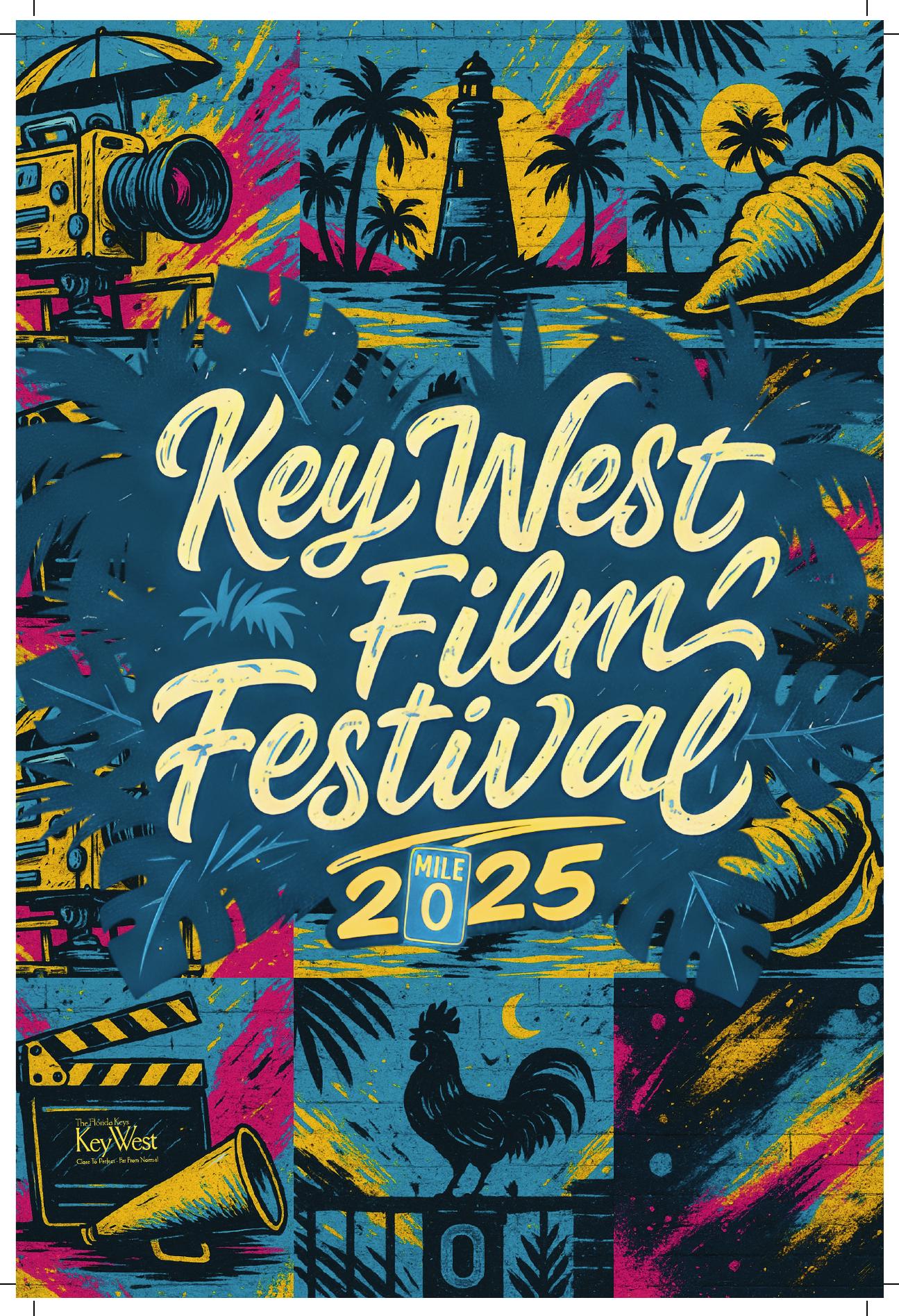 Key West Film Festival program key art — hand-lettered wordmark over screen-printed island scenes