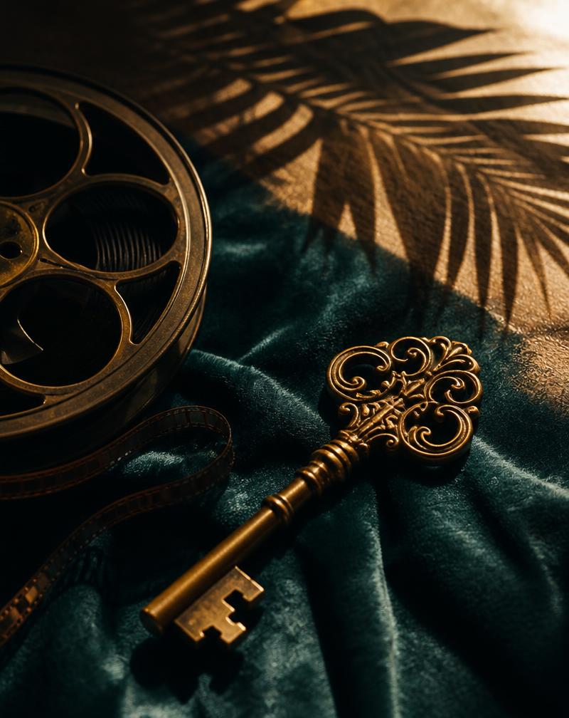 Golden Key award and film reel on velvet